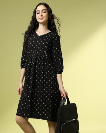 Women Leaf Print A-Line Dress