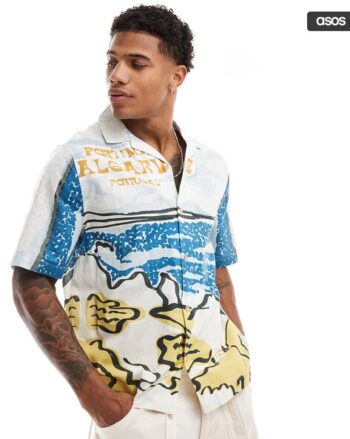 Boxy Relaxed Fit Revere Shirt with Scenic Print