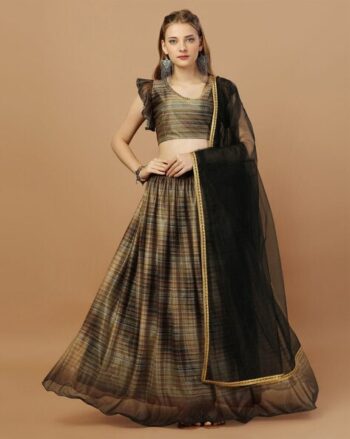 Women Striped Flared Lehenga Choli Set with Dupatta