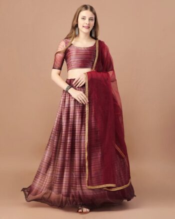 Women Striped Flared Lehenga & Choli with Dupatta