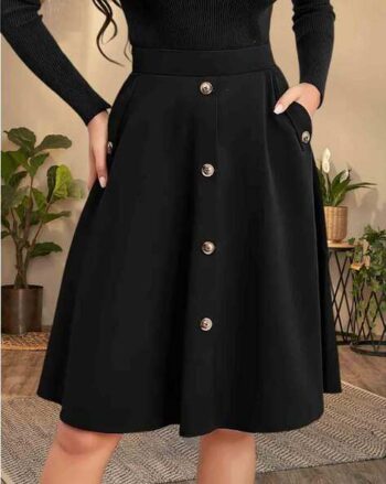 Women Flared Skirt with Button Accent