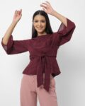 Striped Peplum Top with Front Tie-Up