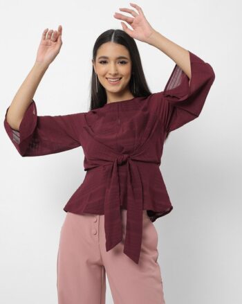 Striped Peplum Top with Front Tie-Up