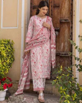 Women Floral Print Straight Kurta with Pants & Dupatta