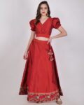 Women Silk Blouse with Printed Border A-Line Skirt