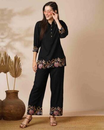 Women Floral Embroidered Top & Mid-Rise Pants Fusion Co-Ord Set