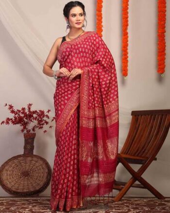 Hand Block Print Bhagalpuri Cotton Silk Saree with Blouse