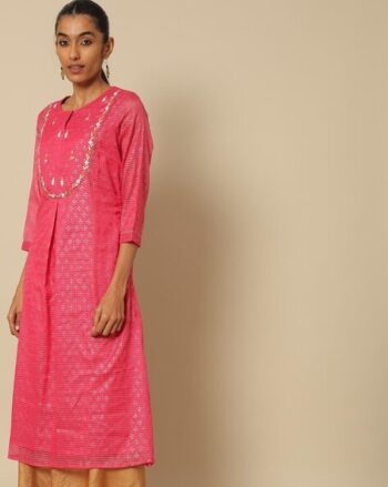 Dori Embroidered Foil Print Kota Chanderi Straight Kurta