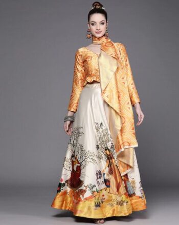 Graphic Print Flared Lehenga Choli Set with Dupatta