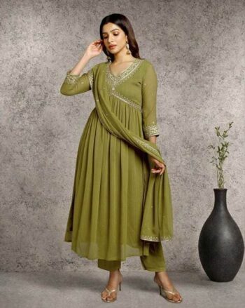 Women Embroidered Flared Kurta with Pants & Dupatta