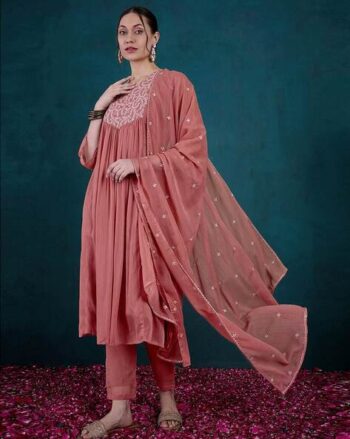 Women Embroidered Flared Kurta with Palazzos & Dupatta