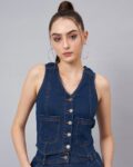 Women Fitted Denim V-Neck Top