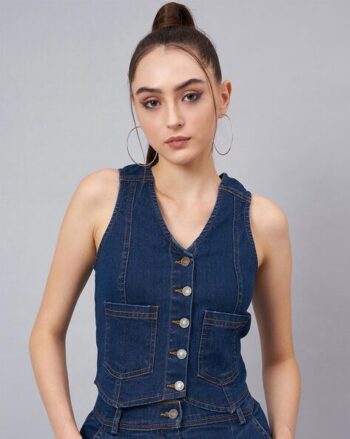Women Fitted Denim V-Neck Top