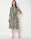 Printed Button-Down A-Line Dress with Waist Tie Up