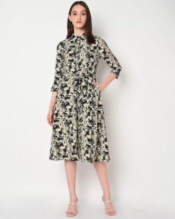 Printed Button-Down A-Line Dress with Waist Tie Up
