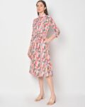 Manifold Printed A-Line Dress with Waist Tie-Up