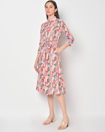 Manifold Printed A-Line Dress with Waist Tie-Up
