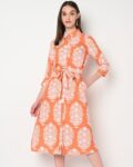 Floral Print A-Line Dress with Waist Tie-Up