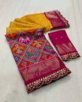 Women Rani Pink Ikkat Foil Printed Silk Saree