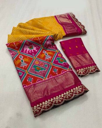 Women Rani Pink Ikkat Foil Printed Silk Saree