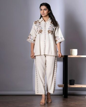 Women Embroidered 2-Piece Shirt & Palazzos Set