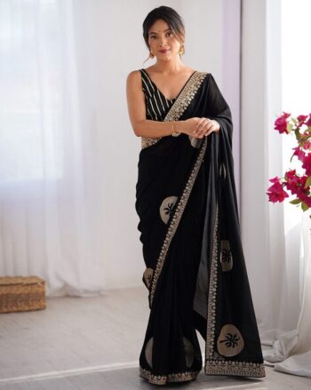 Women Embroidered Design Sequins Vichitra Silk Saree