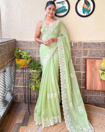 Embroidered Saree with Scalloped Border