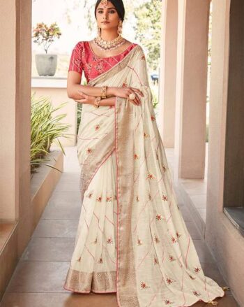 Embroidered Saree with Contrast Border