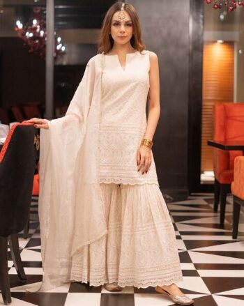 Women Embroidered Straight Kurta & Sharara with Dupatta Set