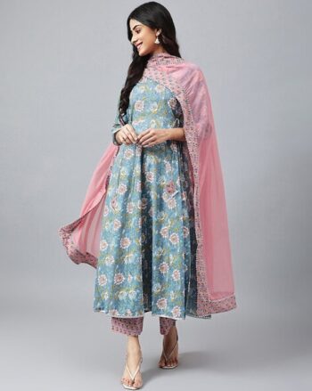 Women Floral Print Anarkali Kurta with Pants & Dupatta