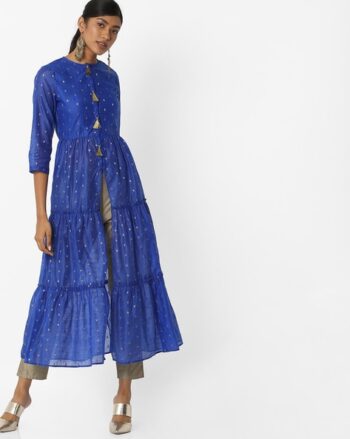 Printed Tiered Kurta with Button Tassels