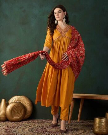 Embroidered A-Line Kurta with Pants & Dupatta