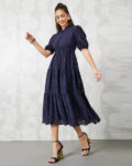 Women Cutwork Pattern A-Line Midi Dress with Cuffed Sleeve