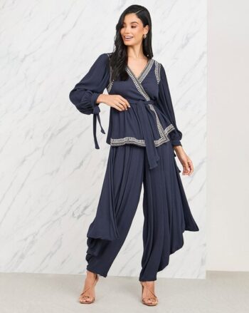 Women Embroidered Trim Peplum Blouse & Pleated Pants Set