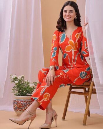 Women  Rayon Printed V-Neck 2-Piece Sets