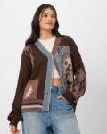 Women Graphic Print Cardigan with Ribbed Hem