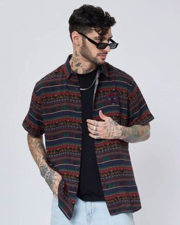 Men Geometric Print Oversized Shirt with Spread Collar