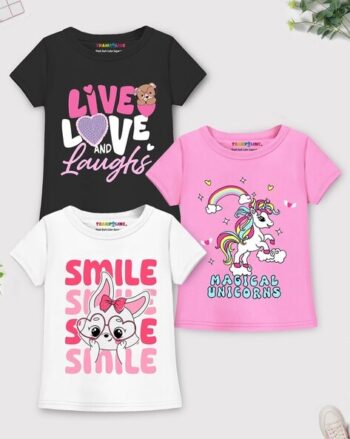 Pack of 3 Girls Regular Fit Round-Neck T-Shirt