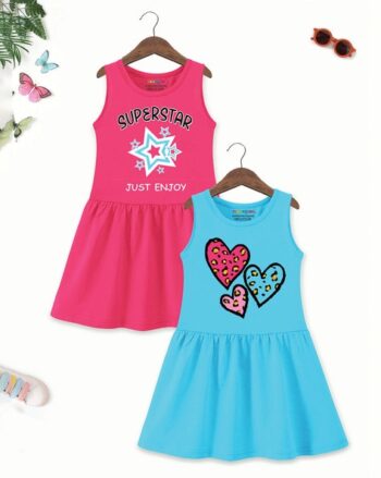 Pack Of 2 Girls Graphic A-Line Dress with Round Neck