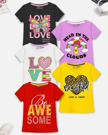 Pack of 5 Girl Regular Round-Neck T-Shirts