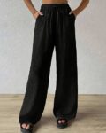Women Loose Fit Flat Front Trousers with Insert Pockets