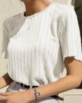 Women Cable-Knit Relaxed Fit Crew-Neck T-Shirt