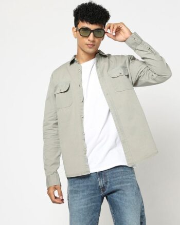 Men Relaxed Fit Cotton Shirt with Flap Pockets