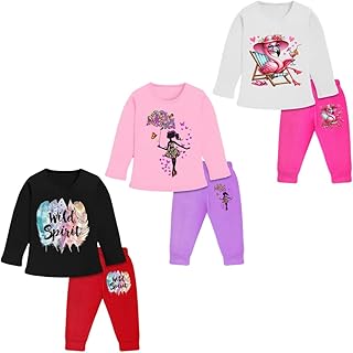 Cotton Clothing Set for Girls Dress Full Sleeve T-shirt and Pyjama (Pack of 3)