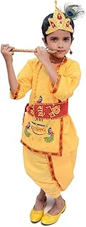BookMyCostume Krishna Dress for Baby Boy | Print Shri Krishna Costume for Kids with Patka, Flute, Mukut & Mala | Janmashtami Photoshoot Outfit | Fancy Dress RolePlay costume for kids | 1-2 Years