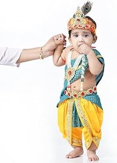 ITSMYCOSTUME Krishna Dress for Baby Boy Kids Set of 10(Dhoti,Hip Cover,Patka,Mukut,Morpankh,Bansuri,Kamarband,Bajuband,Kundal) Little Krishna Ji Kanha Janmasthmi Costume