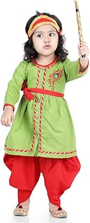 Ethnic Wear Cotton Radha Dress Top & Dhoti Set for Baby Girls, Front Open Embroidered Full Sleeve Top with Mukut Belt, Bansuri and Band