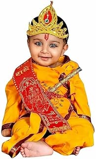 Keshuyoka Krishna Dress for Baby Kids – Janmashtami Costume Set of 5 Items | Yellow Cotton Dhoti Kurta, Bansuri, Mor Pankh Mukut, Bandhni Patka | Comfortable Traditional Outfit