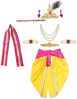 Krishna Dress for Baby Boy Kids Set of 10(Dhoti,Patka,Hip Cover,Mukut,Morpankh,Bansuri,Kamarband,Bajuband,Kundal) Little Krishna Ji Kanha Janmasthmi Costume for Kids