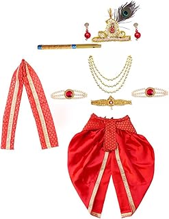 ITSMYCOSTUME Krishna Dress for Baby Boy Kids Set of 10(Dhoti,Patka,Hip Cover,Mukut,Morpankh,Bansuri,Kamarband,Bajuband,Kundal) Little Krishna Ji Kanha Janmasthmi Costume for Kids